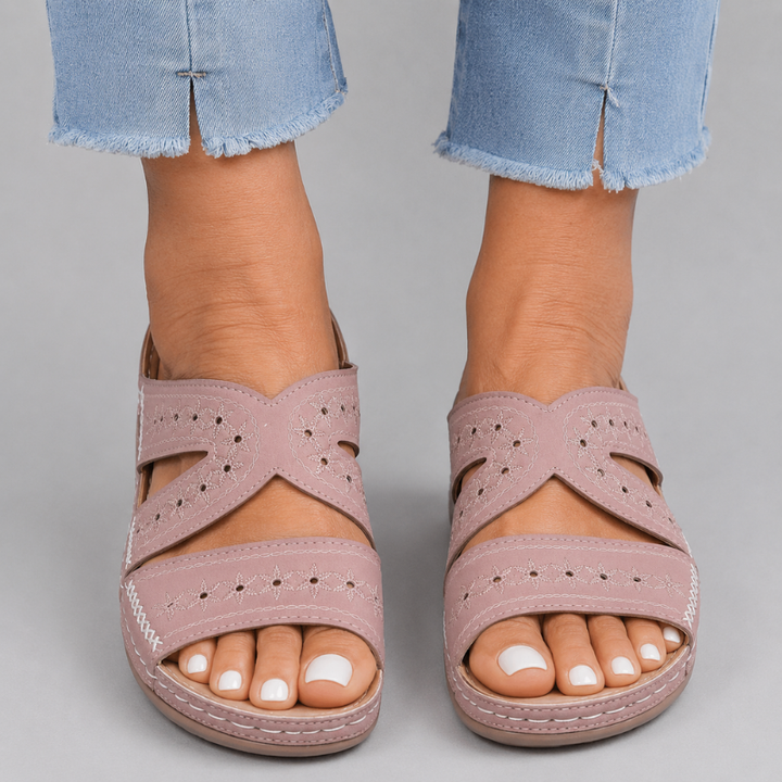 Women's Open Toe Slip-On Wedge Sandals with Embroidered Cross Straps