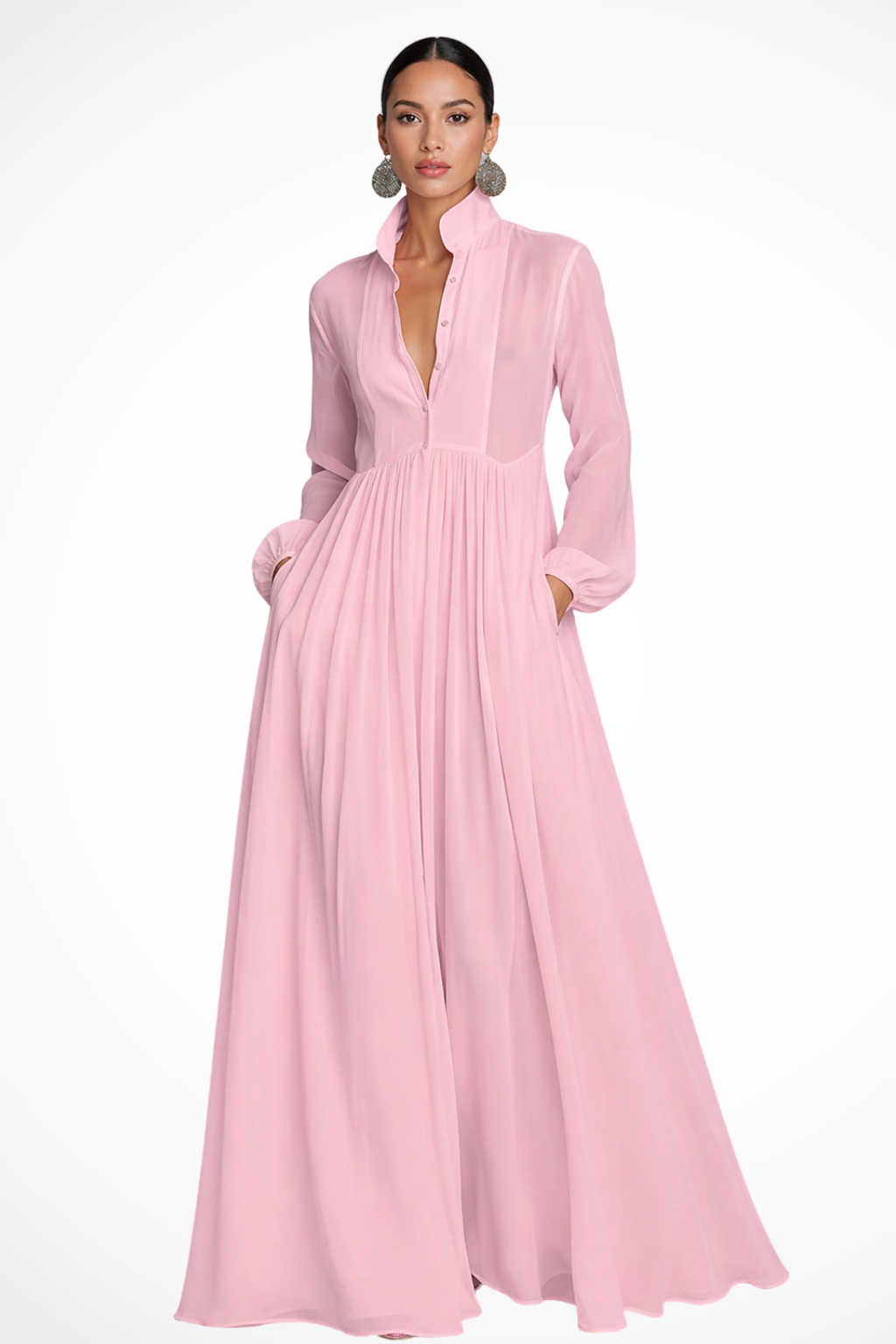 Women's Long Sleeve Button Front Garden Party Maxi Dress with Pockets