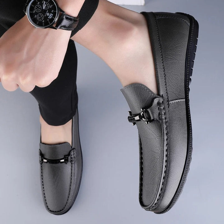 Men's Genuine Leather Slip-On Loafers with Metal Bit Detail and Closed Toe
