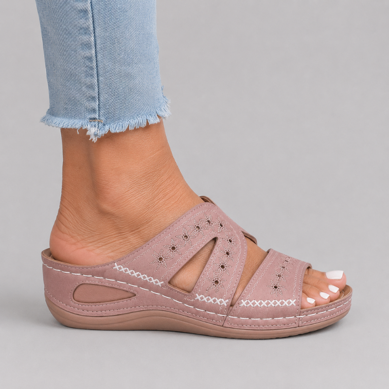 Women's Open Toe Slip-On Wedge Sandals with Embroidered Cross Straps