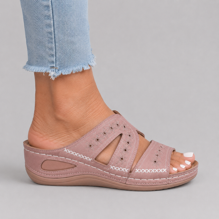 Women's Open Toe Slip-On Wedge Sandals with Embroidered Cross Straps