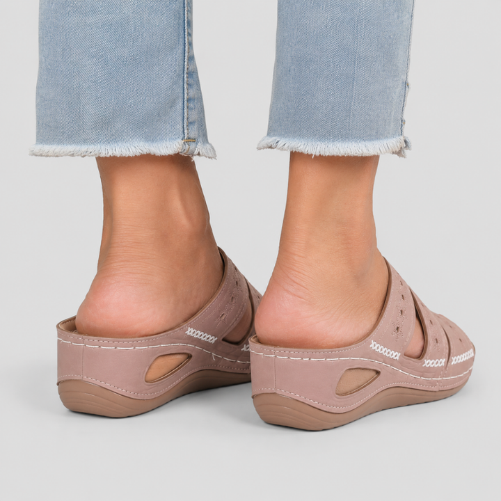 Women's Open Toe Slip-On Wedge Sandals with Embroidered Cross Straps