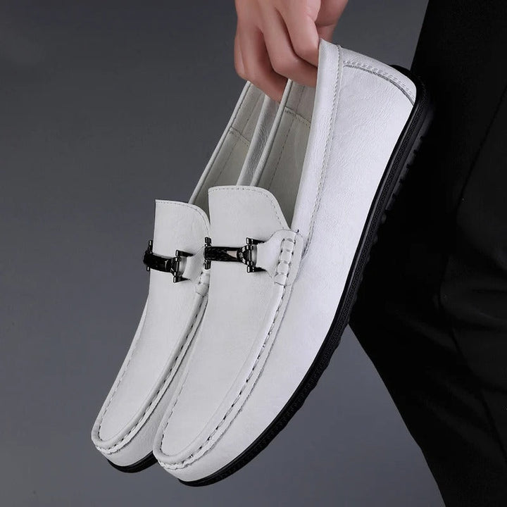 Men's Genuine Leather Slip-On Loafers with Metal Bit Detail and Closed Toe