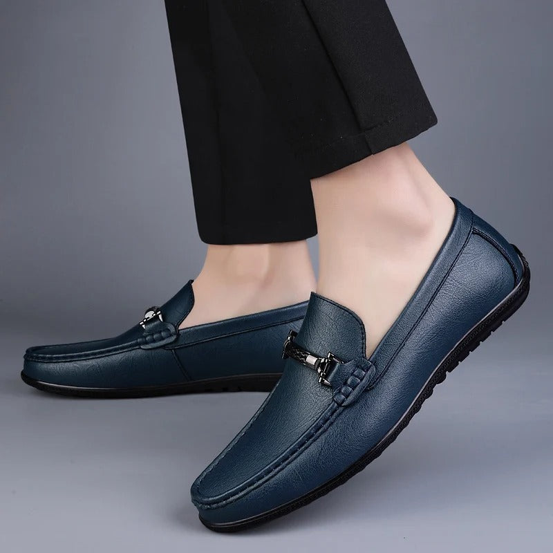 Men's Genuine Leather Slip-On Loafers with Metal Bit Detail and Closed Toe