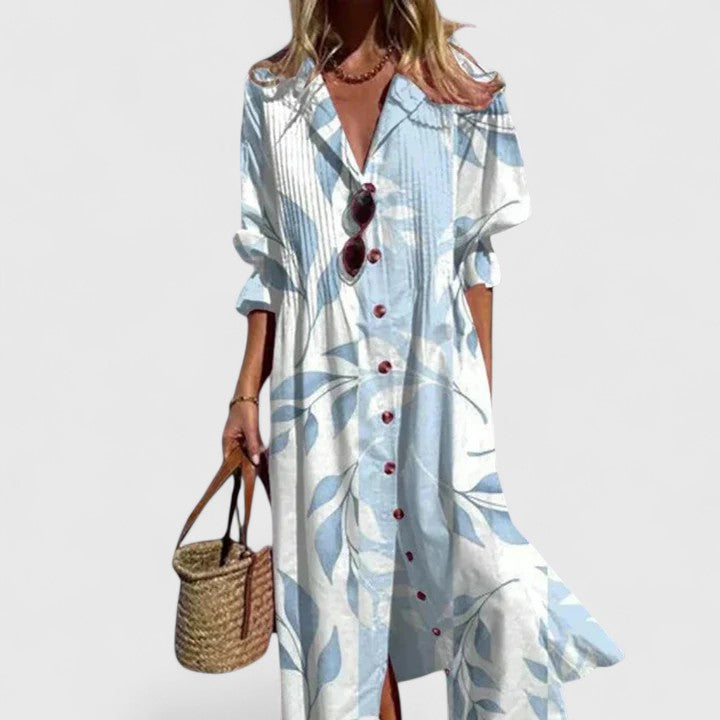 Women's Floral Print Boho Maxi Dress with Button Placket and Lapel Collar