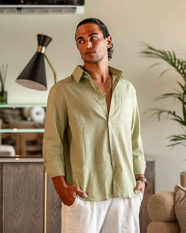 Men's Linen Long Sleeve Button-Down Shirt with Spread Collar and Chest Pocket