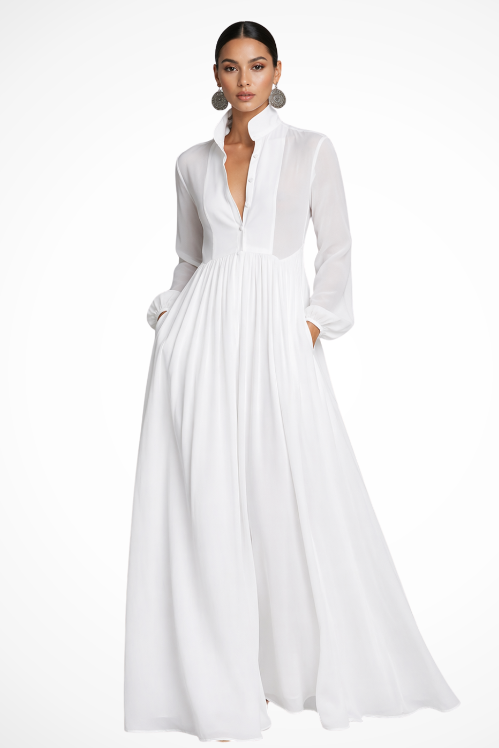 Women's Long Sleeve Button Front Garden Party Maxi Dress with Pockets
