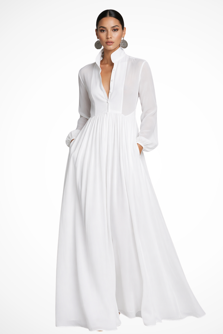 Women's Long Sleeve Button Front Garden Party Maxi Dress with Pockets