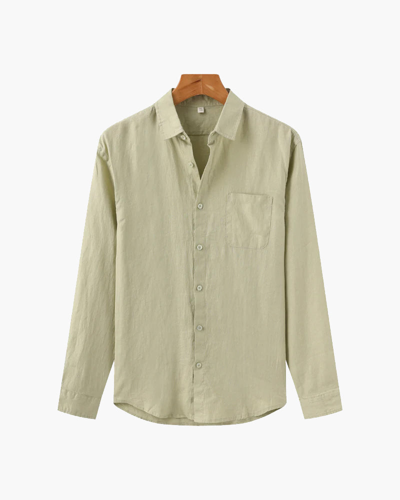 Men's Linen Long Sleeve Button-Down Shirt with Spread Collar and Chest Pocket