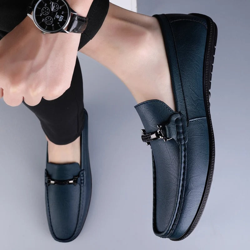 Men's Genuine Leather Slip-On Loafers with Metal Bit Detail and Closed Toe
