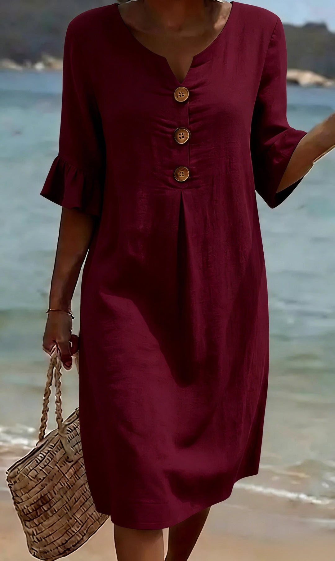 Cotton Linen Midi Dress Flutter Sleeve Button Front V-Neck