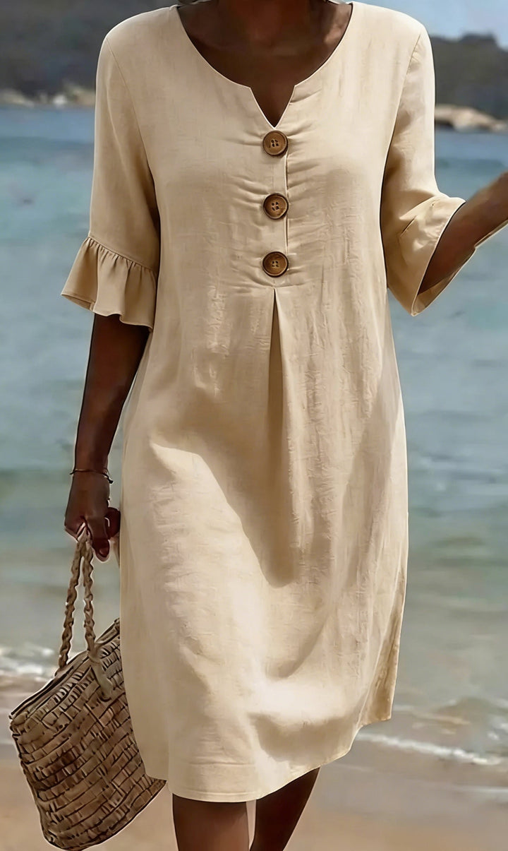 Cotton Linen Midi Dress Flutter Sleeve Button Front V-Neck