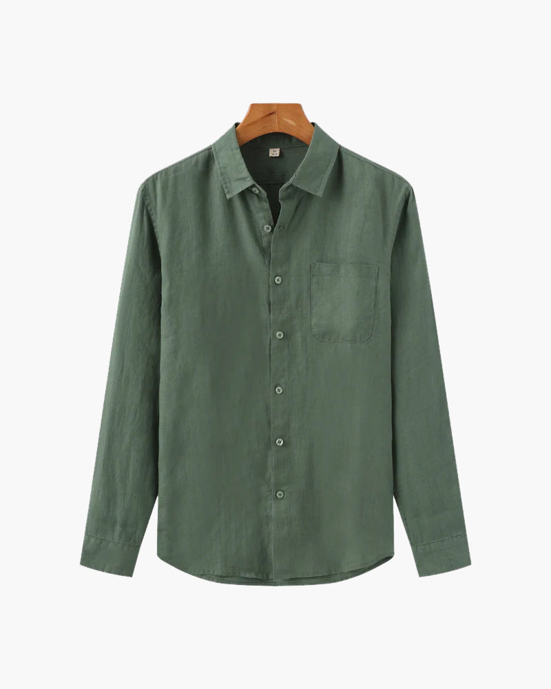 Men's Linen Long Sleeve Button-Down Shirt with Spread Collar and Chest Pocket