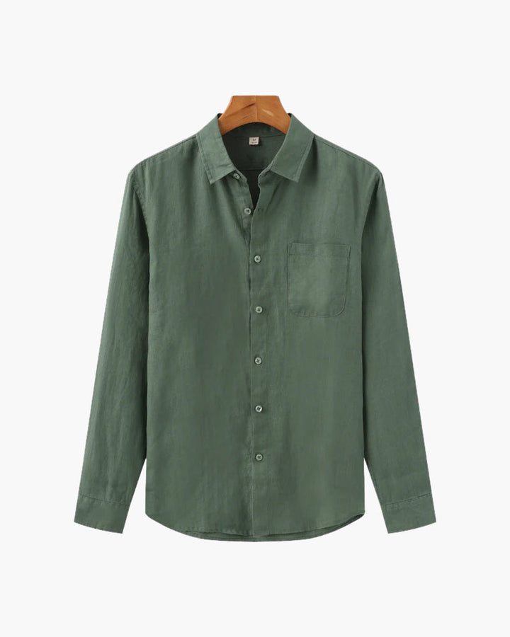 Men's Linen Long Sleeve Button-Down Shirt with Spread Collar and Chest Pocket