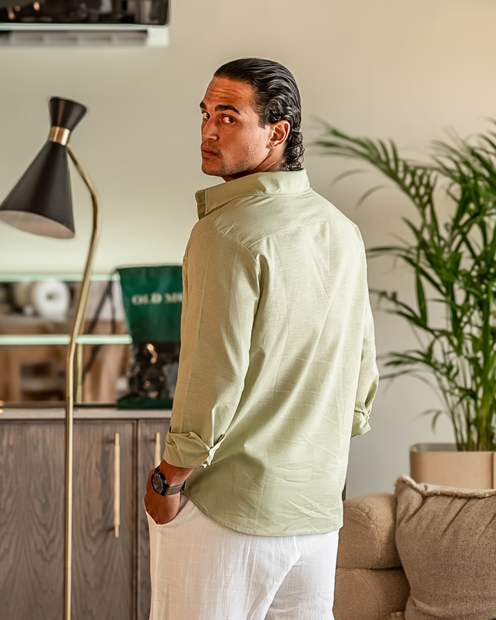 Men's Linen Long Sleeve Button-Down Shirt with Spread Collar and Chest Pocket