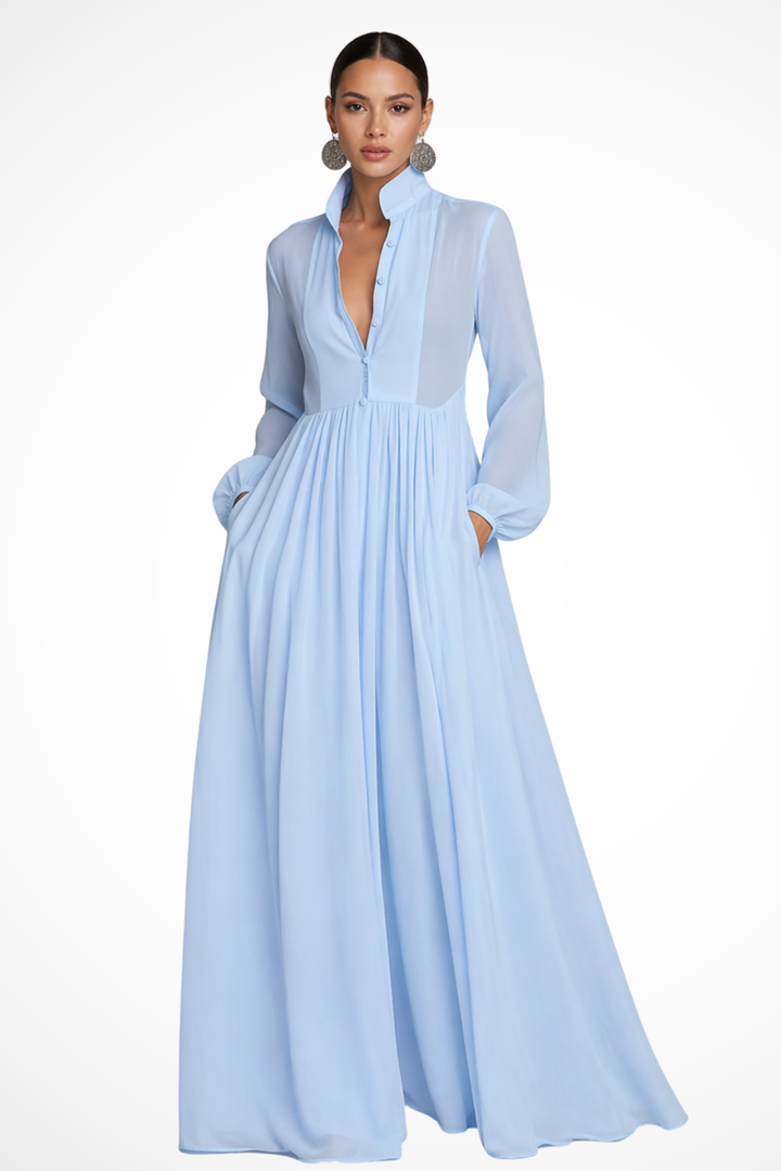 Women's Long Sleeve Button Front Garden Party Maxi Dress with Pockets
