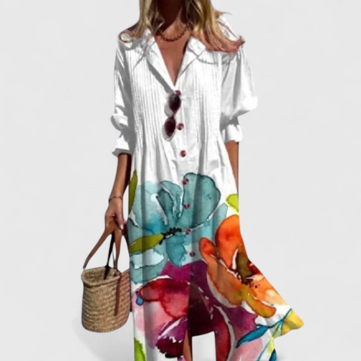 Women's Floral Print Boho Maxi Dress with Button Placket and Lapel Collar