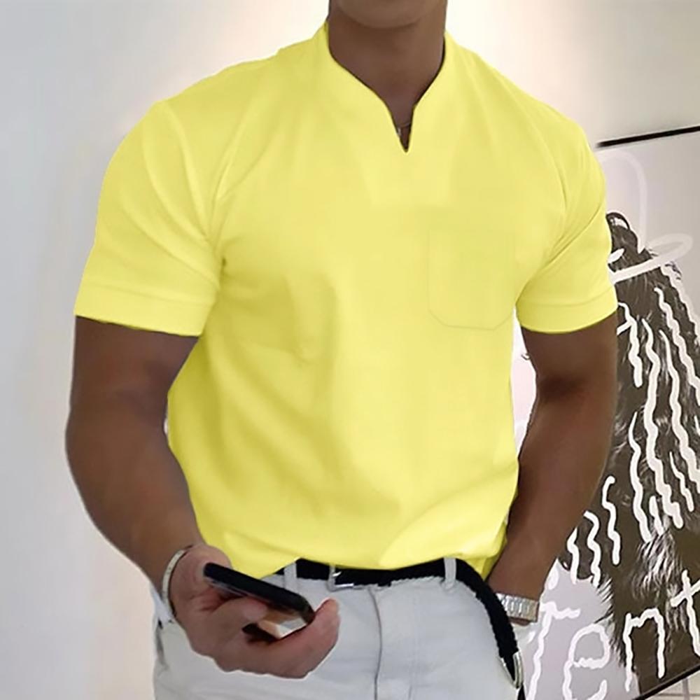 Men's Short Sleeve Collarless V-Neck Polo Shirt with Slim Fit and Plain Design