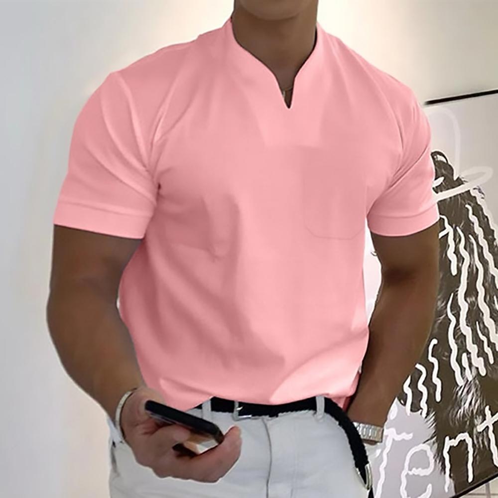 Men's Short Sleeve Collarless V-Neck Polo Shirt with Slim Fit and Plain Design