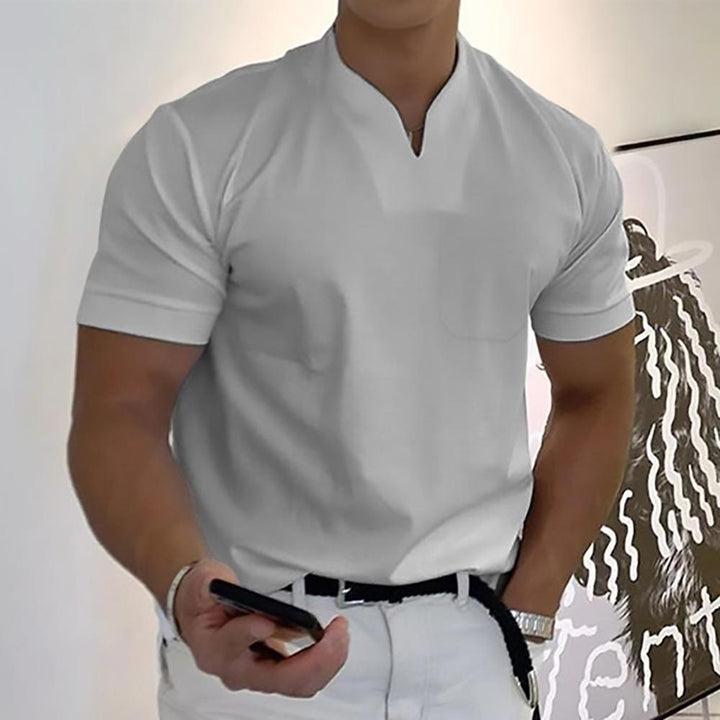 Men's Short Sleeve Collarless V-Neck Polo Shirt with Slim Fit and Plain Design