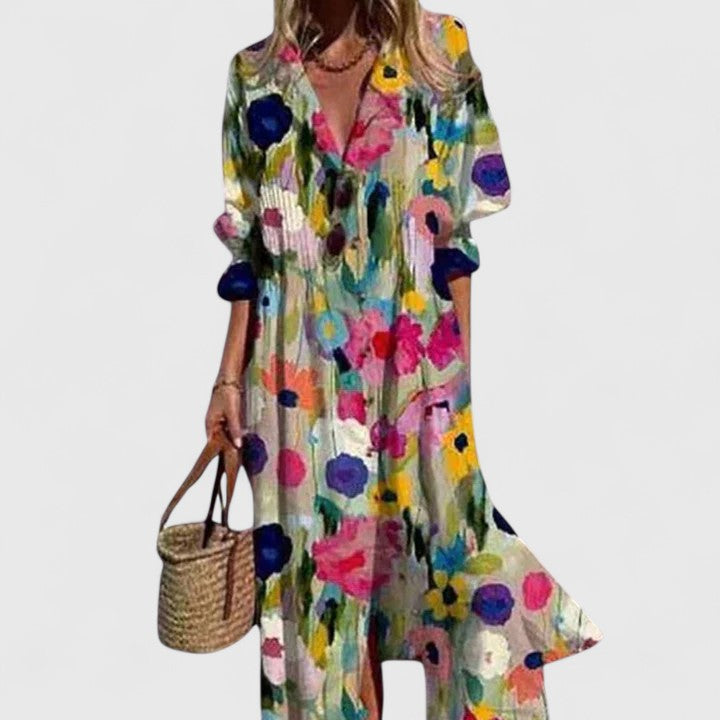 Women's Floral Print Boho Maxi Dress with Button Placket and Lapel Collar