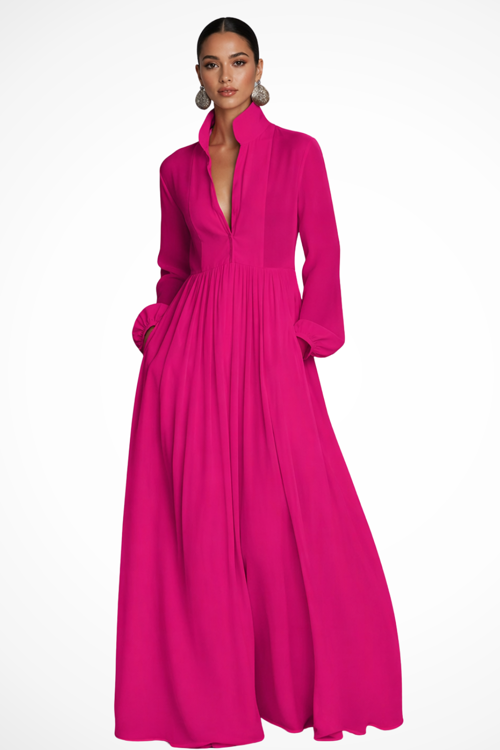 Women's Long Sleeve Button Front Garden Party Maxi Dress with Pockets