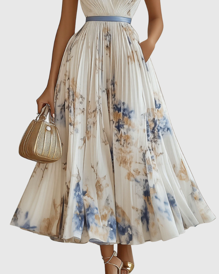 Women's Floral Print V-Neck Sleeveless Pleated Maxi Dress with Belt Detail