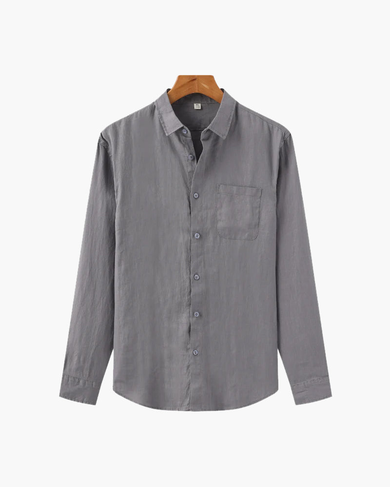 Men's Linen Long Sleeve Button-Down Shirt with Spread Collar and Chest Pocket