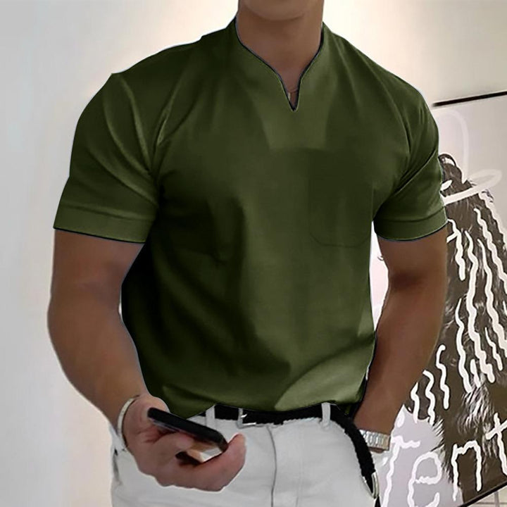 Men's Short Sleeve Collarless V-Neck Polo Shirt with Slim Fit and Plain Design