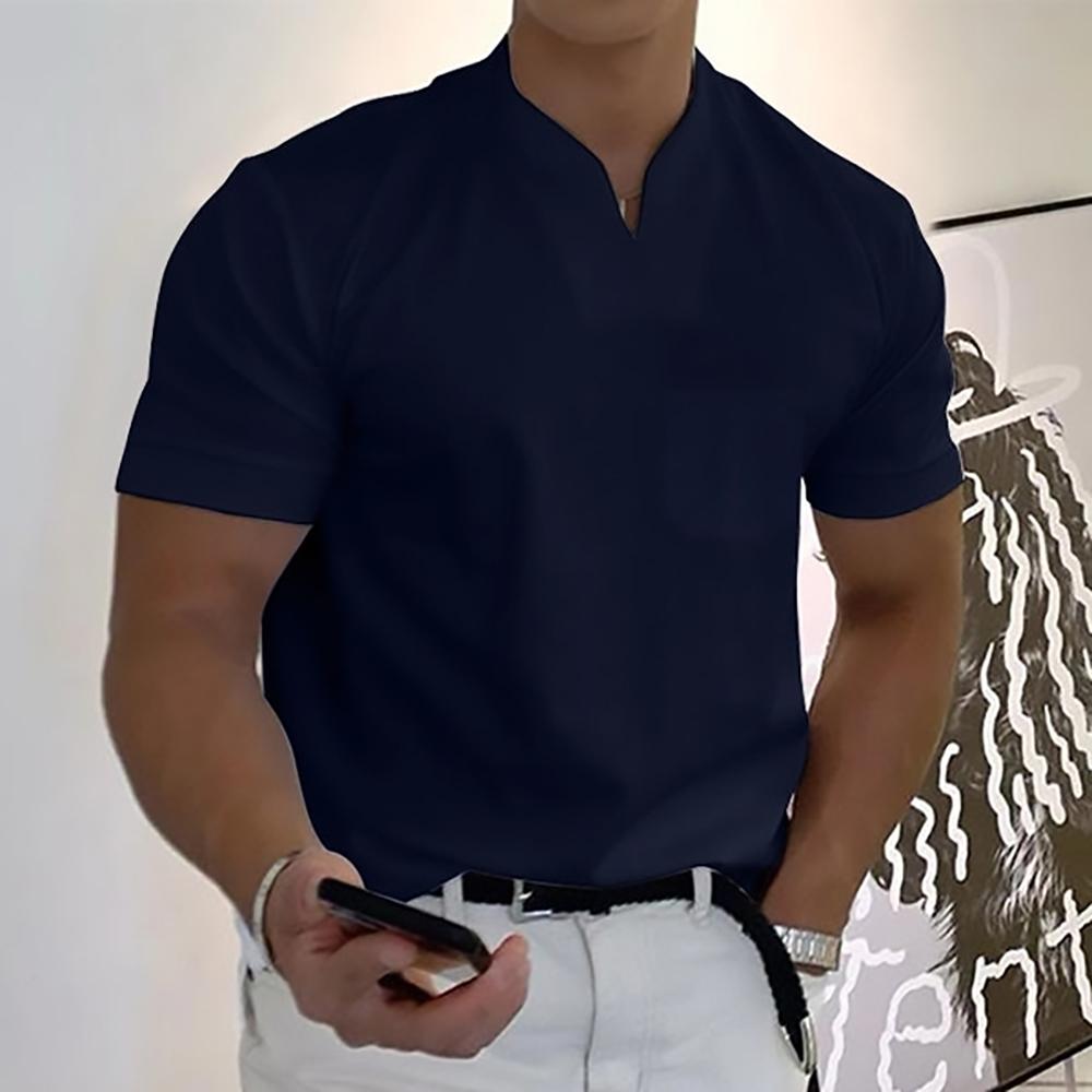 Men's Short Sleeve Collarless V-Neck Polo Shirt with Slim Fit and Plain Design