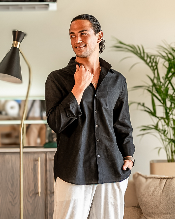 Men's Linen Long Sleeve Button-Down Shirt with Spread Collar and Chest Pocket
