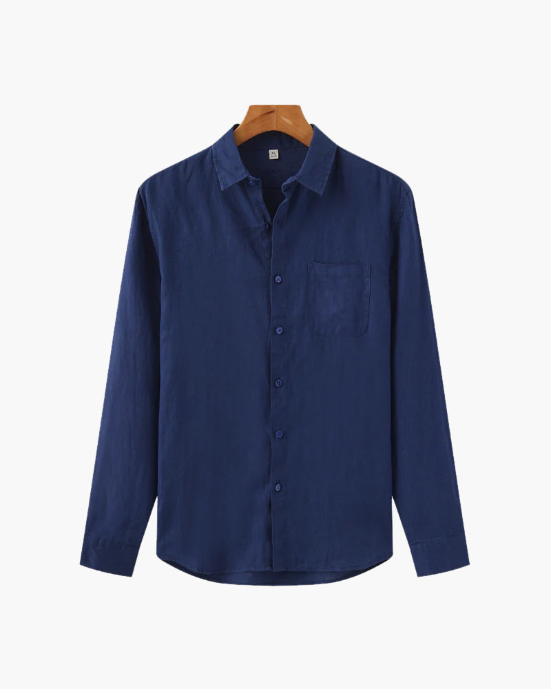 Men's Linen Long Sleeve Button-Down Shirt with Spread Collar and Chest Pocket