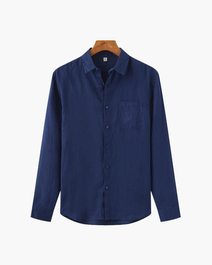 Men's Linen Long Sleeve Button-Down Shirt with Spread Collar and Chest Pocket