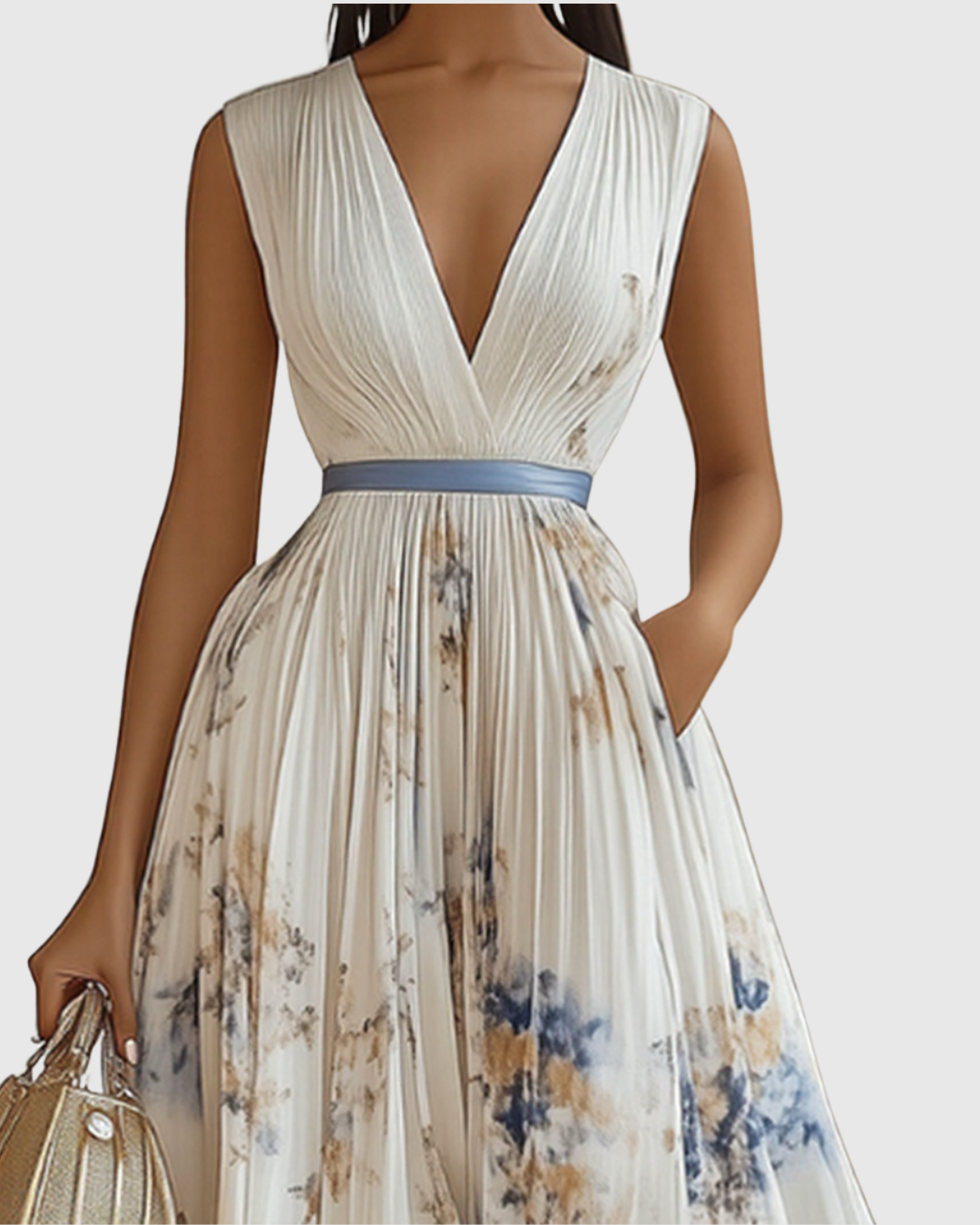 Women's Floral Print V-Neck Sleeveless Pleated Maxi Dress with Belt Detail