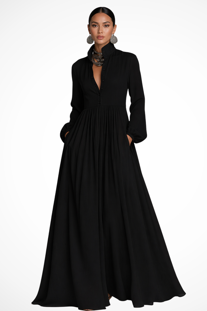 Women's Long Sleeve Button Front Garden Party Maxi Dress with Pockets