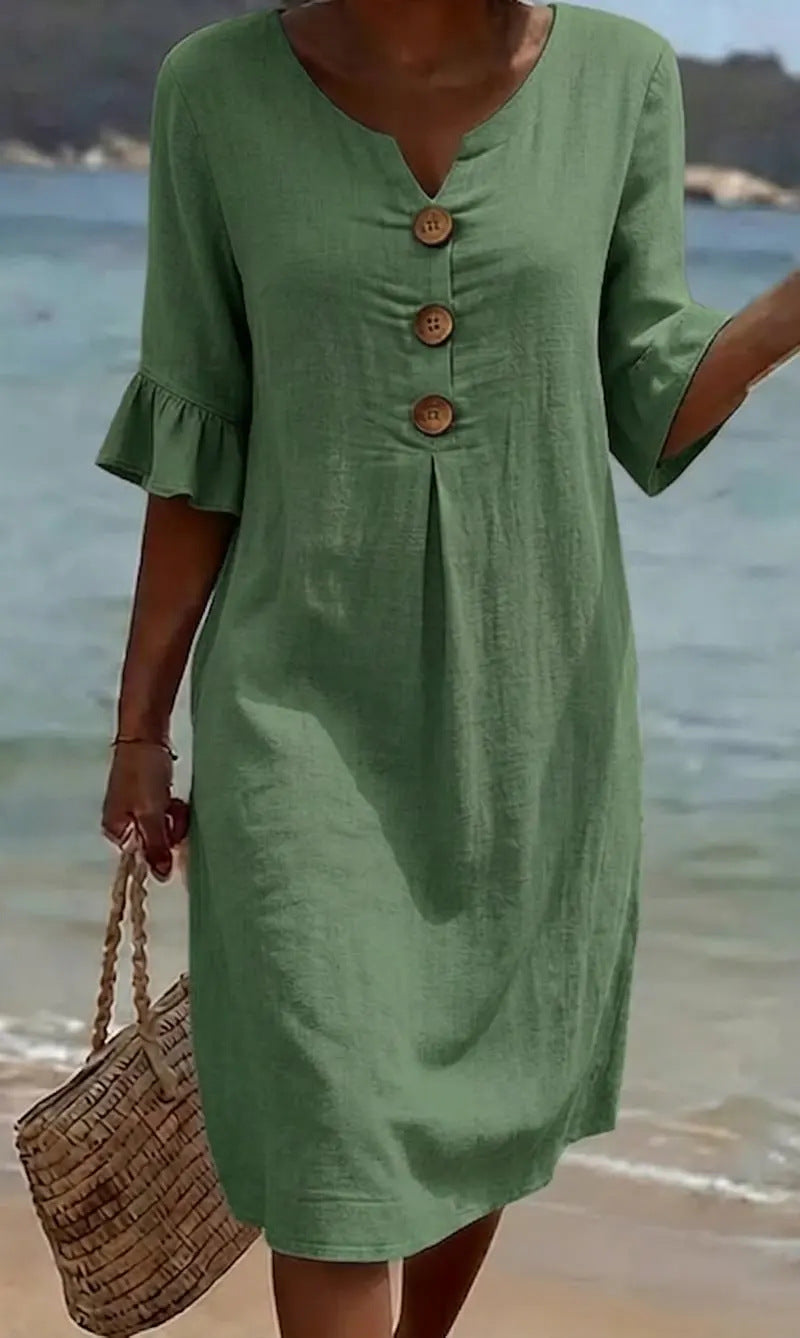 Cotton Linen Midi Dress Flutter Sleeve Button Front V-Neck