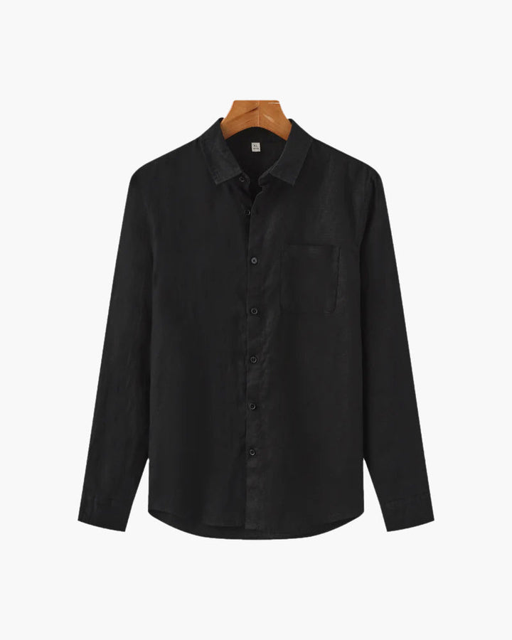 Men's Linen Long Sleeve Button-Down Shirt with Spread Collar and Chest Pocket