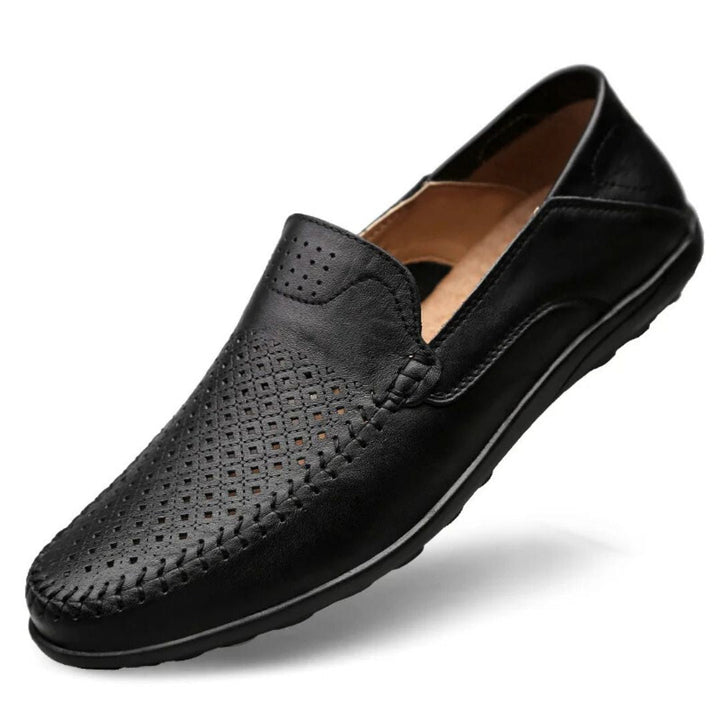 Men's Genuine Leather Slip-On Loafers with Perforated Upper and Closed Toe