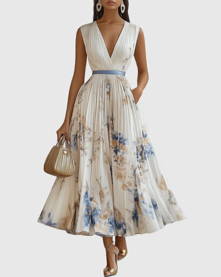 Women's Floral Print V-Neck Sleeveless Pleated Maxi Dress with Belt Detail