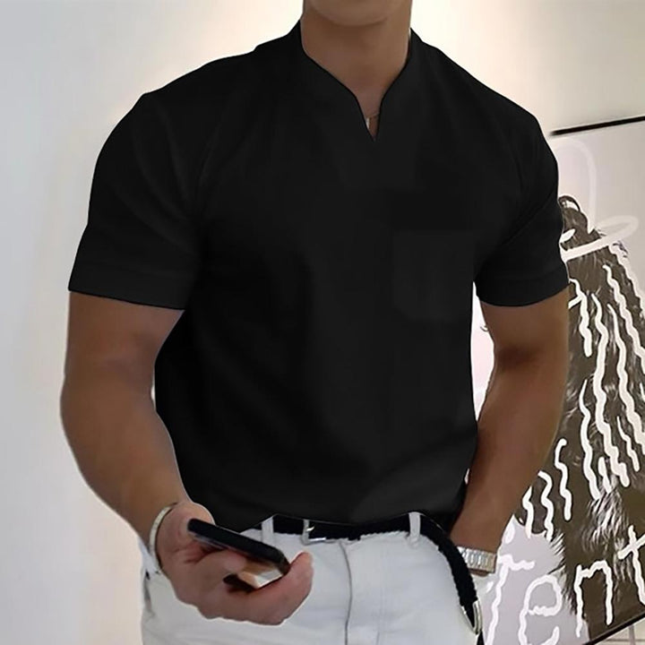 Men's Short Sleeve Collarless V-Neck Polo Shirt with Slim Fit and Plain Design