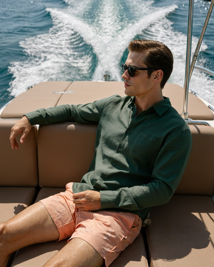 Men's Linen Long Sleeve Button-Down Shirt with Spread Collar and Chest Pocket