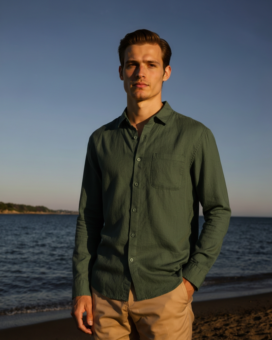 Men's Linen Long Sleeve Button-Down Shirt with Spread Collar and Chest Pocket