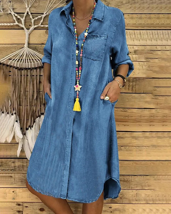Women's Denim Midi Shirt Dress with Spread Collar and Chest Pocket