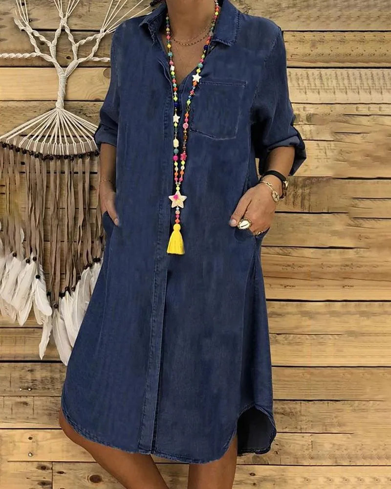 Women's Denim Midi Shirt Dress with Spread Collar and Chest Pocket
