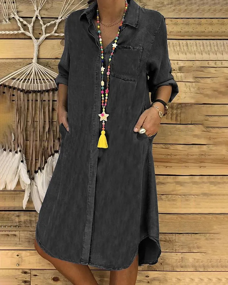 Women's Denim Midi Shirt Dress with Spread Collar and Chest Pocket