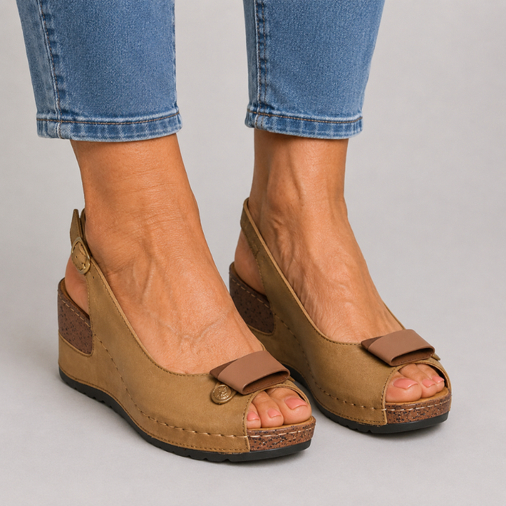 Women's Open Toe Wedge Slingback Sandals with Bow Detail and Buckle Strap
