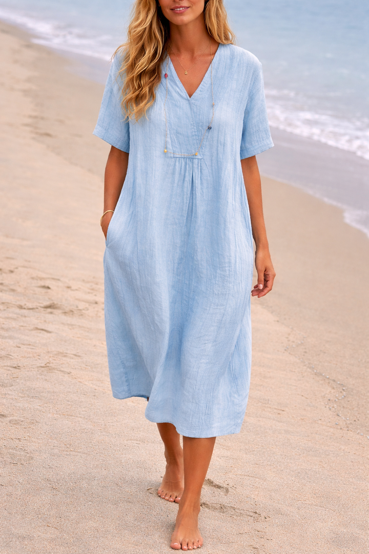 Women's Linen Midi Dress with V-Neck and Short Sleeves and Side Pockets