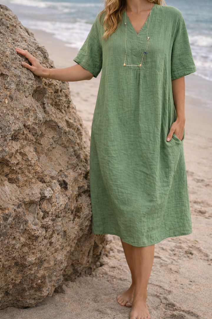 Women's Linen Midi Dress with V-Neck and Short Sleeves and Side Pockets