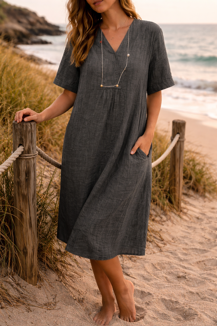 Women's Linen Midi Dress with V-Neck and Short Sleeves and Side Pockets
