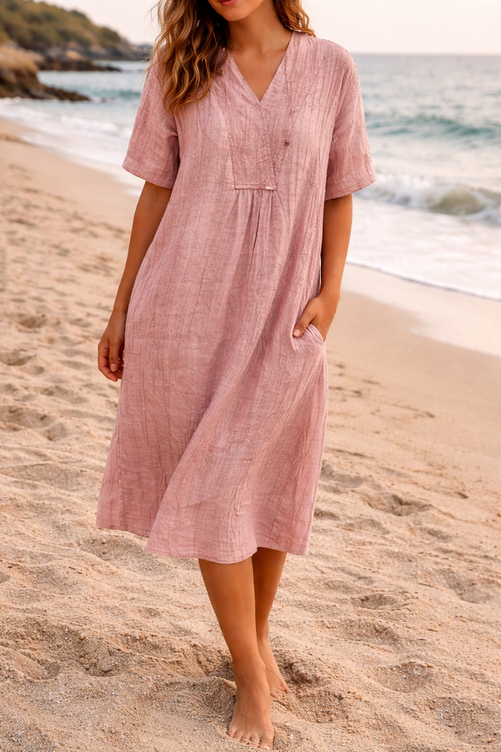 Women's Linen Midi Dress with V-Neck and Short Sleeves and Side Pockets